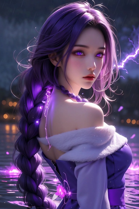  1girl,urple hair, purple eyes, (blue fire,magic),(glowing eyes:1.3), chest,electricity, lightning, purple magic, aura,Close-up,Off Shoulder,Front view, backlight,looking at viewer,braids,very long hair,hair flowe,tarry sky ,water,Rain,night,