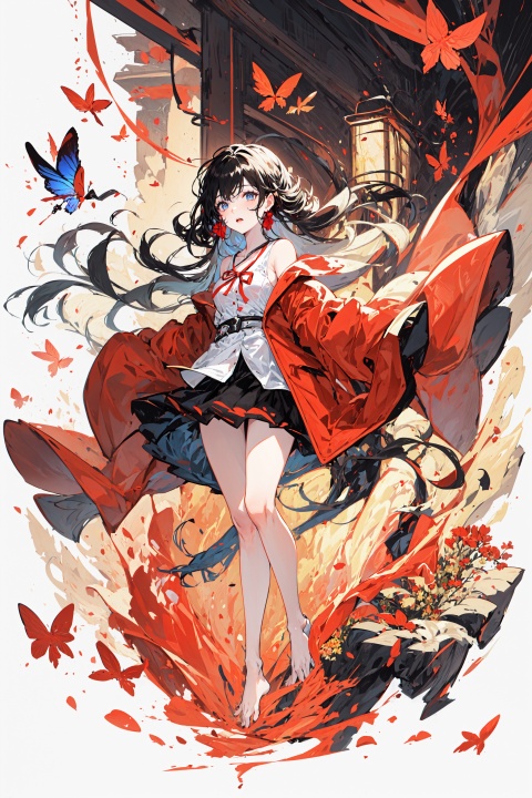  1 girl,HDR,high contrast,red classical robe,flying long hair,short skirt,hair tied with red ribbon,wind chimes,full body,soft clothing texture,eyes looking at the audience,flowers,butterflies,barefoot,red ribbon fluttering in the wind
