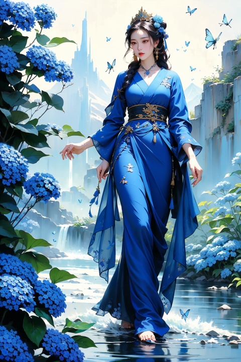  painting: moonlight, full body,woman wearing elegant kimono and walking with a lantern, in the style of peter mohrbacher, guo pei, intricate costumes, delicate flora depictions, francesco hayez, golden age illustrations, traditional vietnamese Red lanterns, blue Hydrangea macrophylla, ((blue butterflies:1.3)), ((Mountains)), ((rivers)), and flowing water, ((sheer,Voile:1.2))