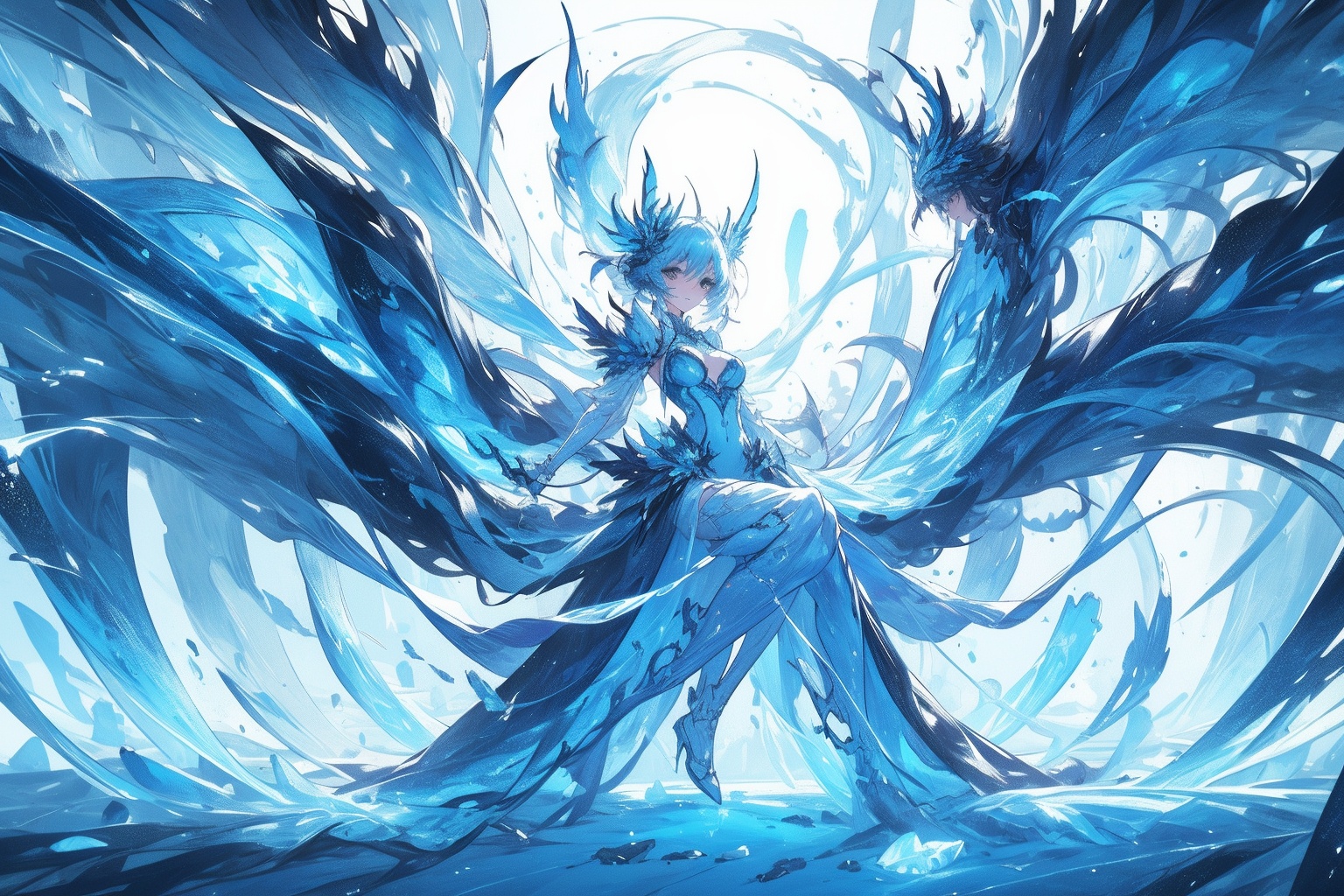 ,(((masterpiece,best quality))),((good structure,Good composition,good atomy)), ((clear, original,beautiful)),as,fantasy,(white blue theme:1.3),1girl,outdoors,dress,girl,monstergirl,(ice theme:1.3),solo,