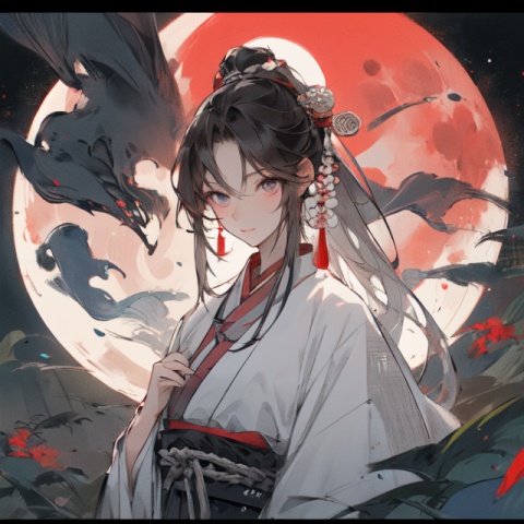  1girl, ancientry,Mid-Autumn Festival,moon,full_moon, letterboxed, moon, 1girl, solo, long_hair, pillarboxed, circle, Han Chinese Clothing