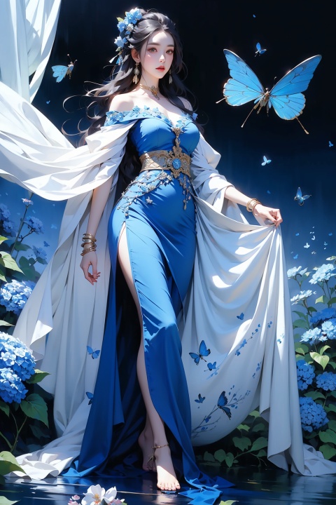 painting: moonlight, full body,woman wearing elegant kimono and walking with a lantern, in the style of peter mohrbacher, guo pei, intricate costumes, delicate flora depictions, francesco hayez, golden age illustrations, traditional vietnamese Red lanterns, blue Hydrangea macrophylla, ((blue butterflies:1.3)), ((Mountains)), ((rivers)), and flowing water, ((sheer,Voile:1.2))