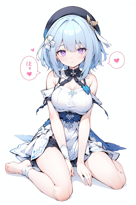 (white background:1.35),(past crotch,wariza:1.35), expressionless, (heart speech bubble),

, full body, breasts,sitting on floor,((hair down)), 
gelei, 1girl, short white dress, hat, blue hair, purple eyes, barefoot, cute, , haoche,large breasts