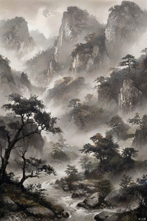 Yshanshui, tree, scenery, mountain, outdoors, traditional media, monochrome, sepia, no humans, nature, fog, rock, forest a painting of a mountain range with trees and mountains in the background, with a river running through it, Yshanshui, Shinv, RPG,<lora:660447824183329044:1.0>