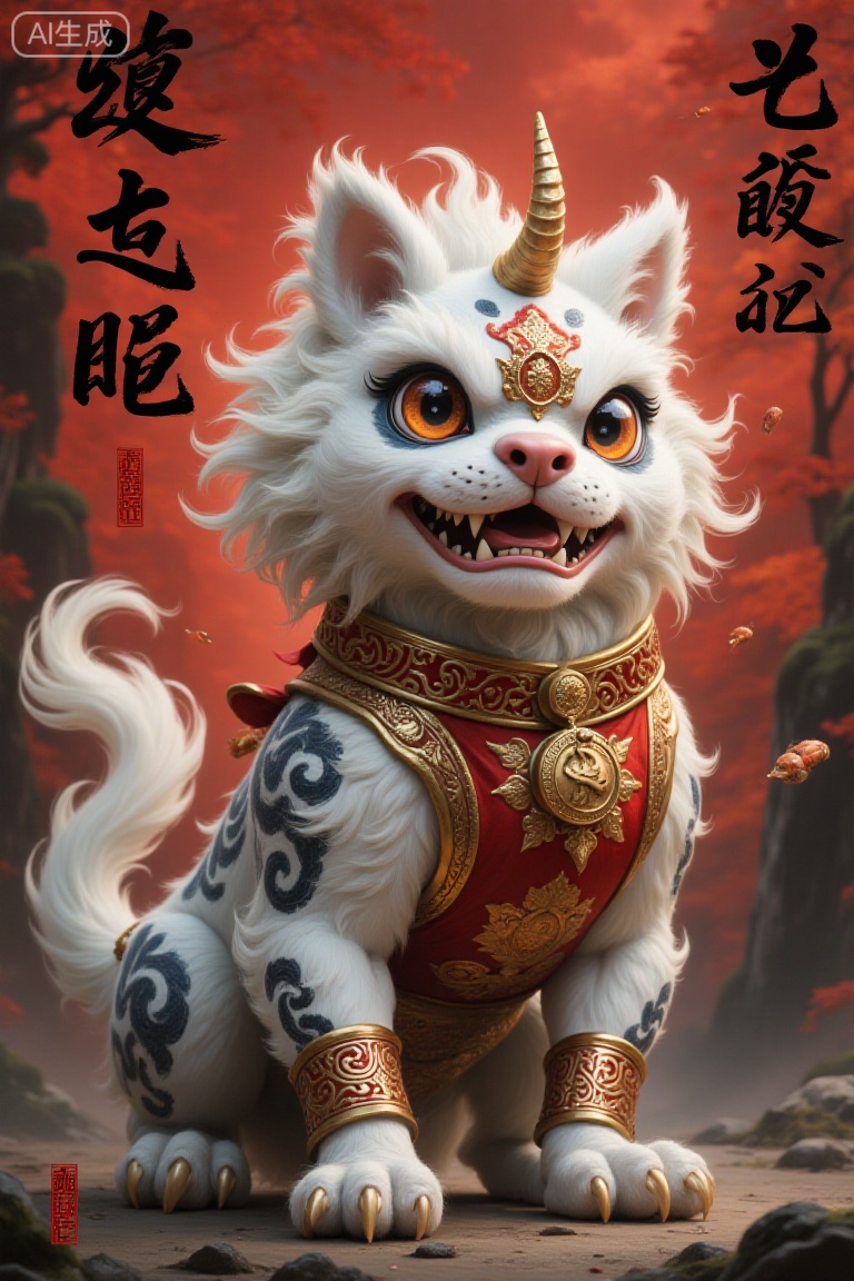 It has the body of a lion and the head of a dog, with snow-white hair, a single horn on the top of its head, and big copper bell eyes. Spring couplets/red lanterns (nemesis), firecrackers/fireworks (driving tools), "福" stickers. Haunted on New Year's Eve, afraid of noise and red, and besieged by "Shou Sui".