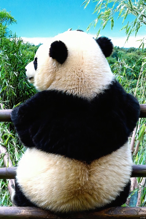 a panda bear sitting on top of a metal rail in a zoo enclosure with trees in the background and a blue sky,Panda, bamboo, animal, nature, plant,a woman in a blue robe is hugging a panda bears in trees in the background, XL_light,Huahua,