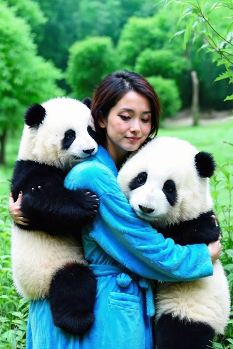 a woman in a blue robe is hugging two panda bears in a grassy area with trees in the background, XL_light