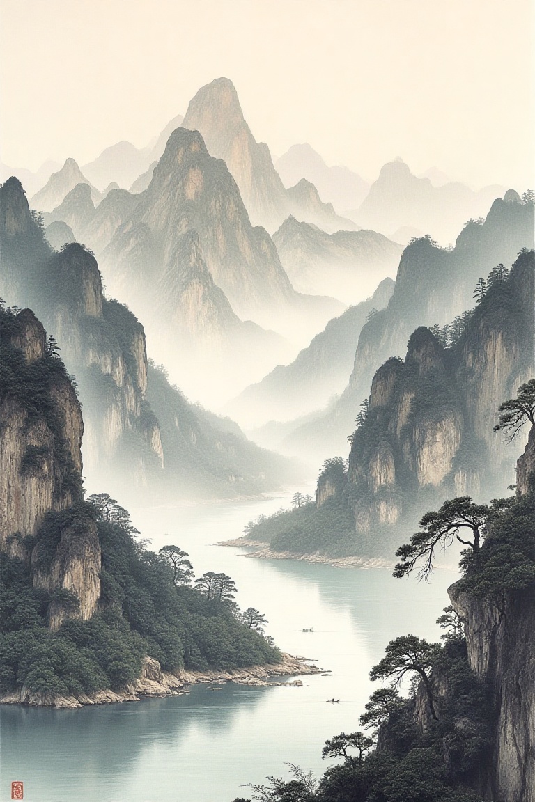 Vast mountain panorama with winding river,  Chinese shanshui masterwork,  panoramic scroll composition in layered ink wash...