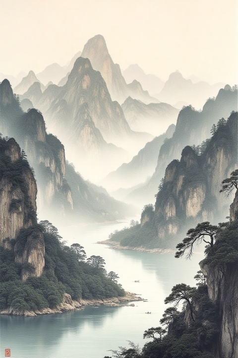 Vast mountain panorama with winding river, Chinese shanshui masterwork, panoramic scroll composition in layered ink wash tones
