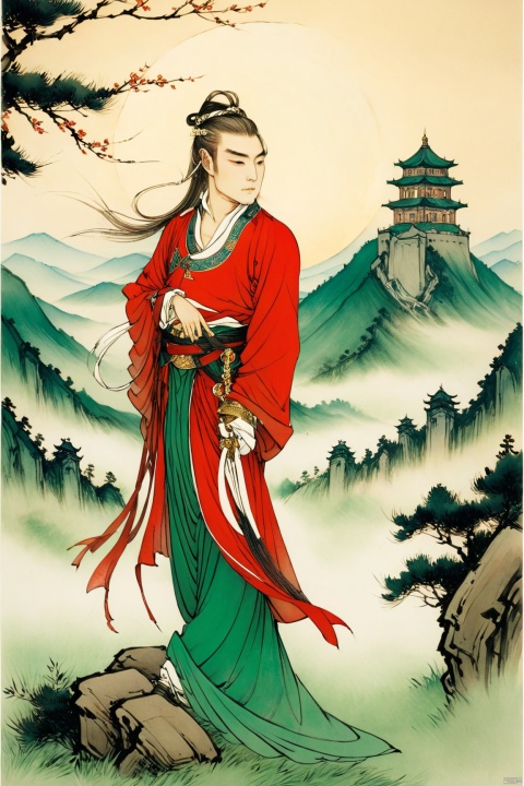 Mystically elegant long-haired male youth, (with left fringe like (white:1.5) threads under the pure moonlight, and right fringe as the fiery (red:1.2) of a vivid sunrise:1.2), adorned in the splendid attire of the imperial guards, adorned with gold-threaded belt and cloud-patterned shoulder armor signifying prestige. The dichotomy of the vibrant hair colors catches the eye, enhancing the saturation and layers of the fringe, revealing the youth's bold yet gentle nature. The background is painted in a minimalist Chinese ink wash style, subtle green mountains and boundless ancient towers, rendered in high contrast and high definition to create a stirring image, Chinese ink painting, hanfu