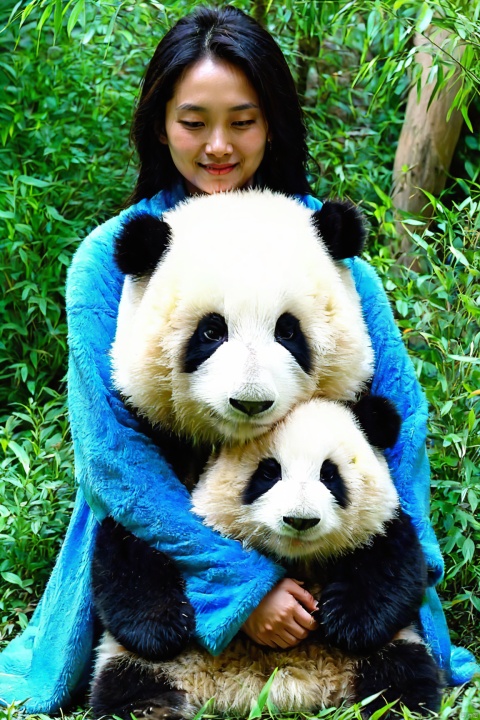  Panda, bamboo, animal, nature, plant,a woman in a blue robe is hugging two panda bears in a grassy area with trees in the background, XL_light,Huahua,