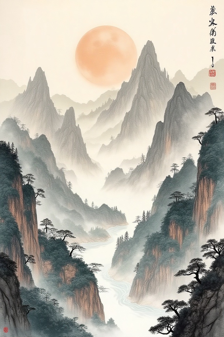 Vast mountain panorama with winding river,  Chinese shanshui masterwork,  panoramic scroll composition in layered ink wash...