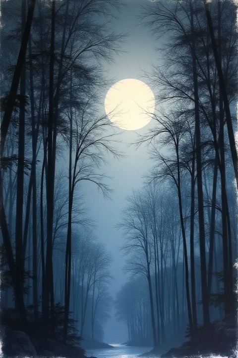 Moonlit night over bamboo grove, Chinese ink wash painting, silvery moonlight suggested through ink gradation
