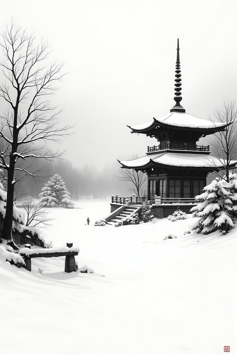Winter landscape with snow-covered temple,  monochrome ink painting,  snow rendered in unpainted white paper against dark...