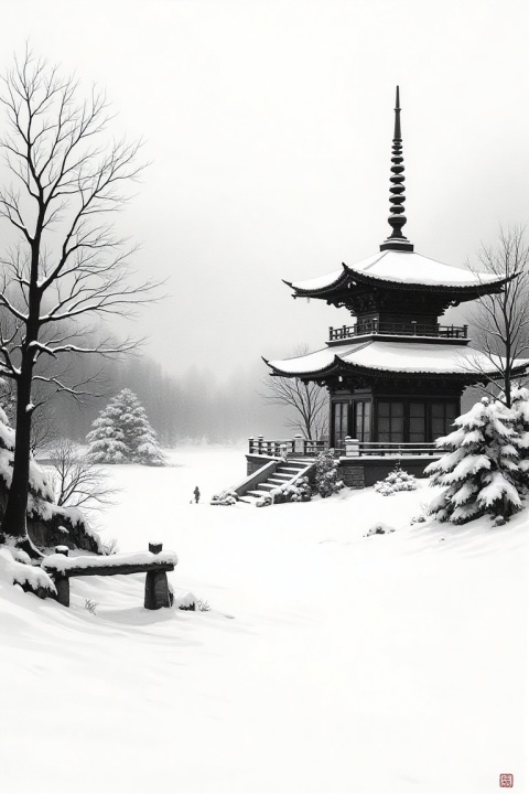 Winter landscape with snow-covered temple, monochrome ink painting, snow rendered in unpainted white paper against dark ink elements
