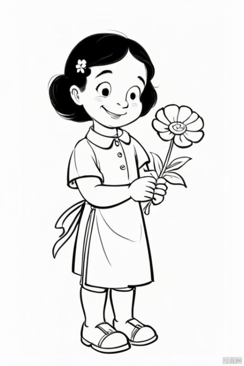 kid's  book,a happy young giel holding a flower,cartoon,thicj lines,black and white,white back ground,