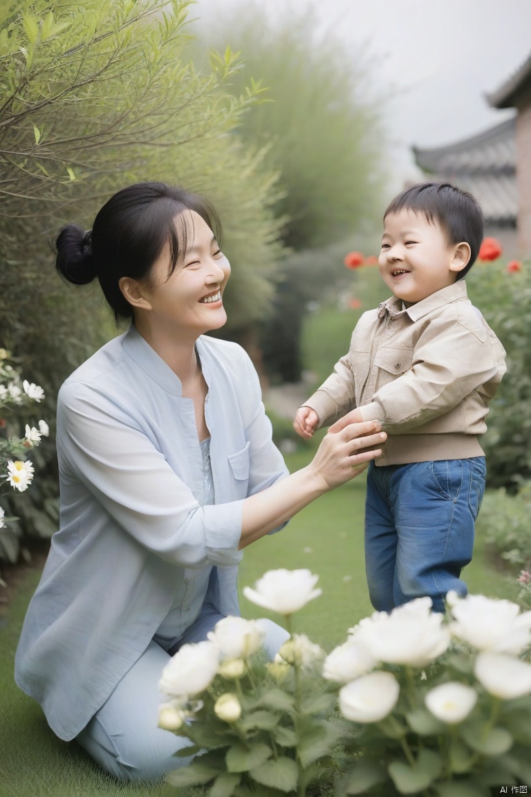 happy,Chinese mother and son,playing in the garden,full of flowers,smiles,mother holding boy's hand
, 1man