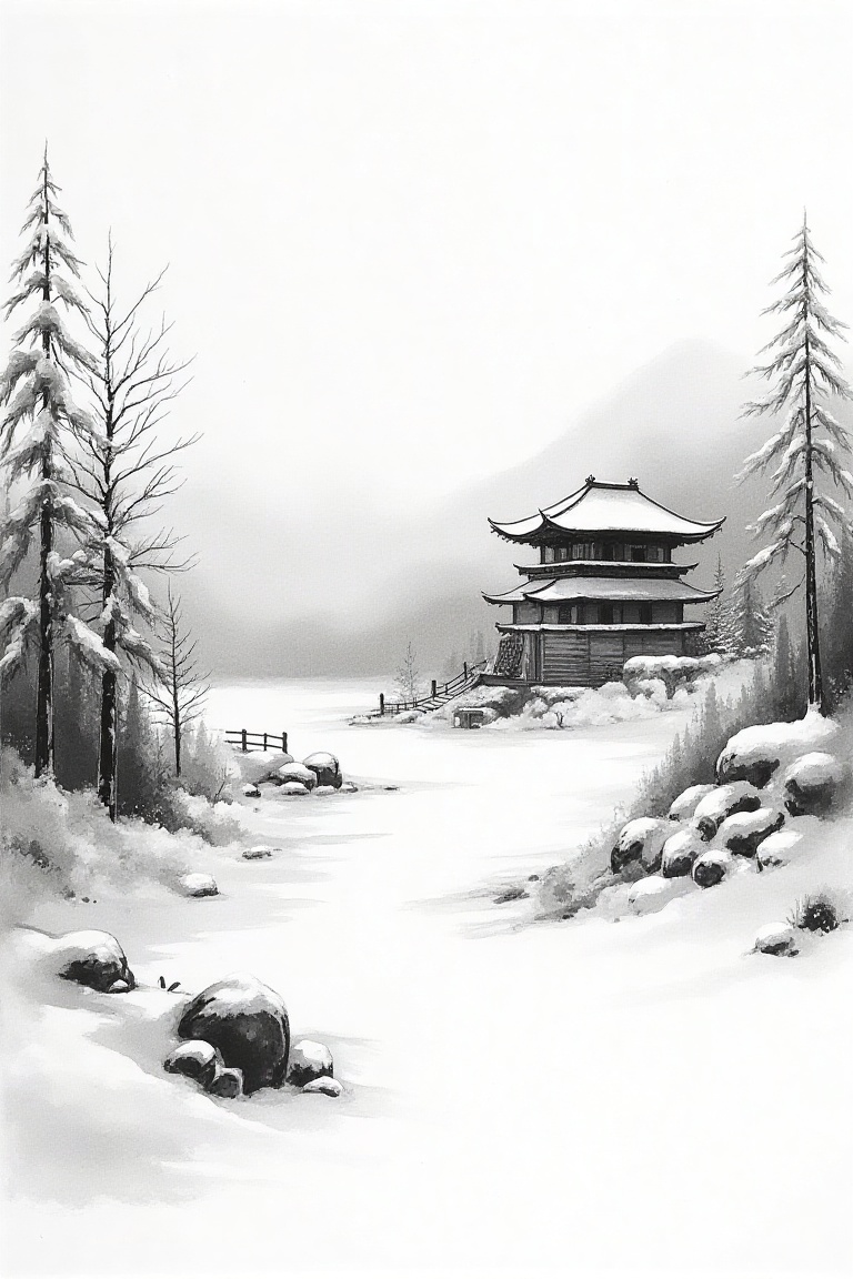 Winter landscape with snow-covered temple,  monochrome ink painting,  snow rendered in unpainted white paper against dark...