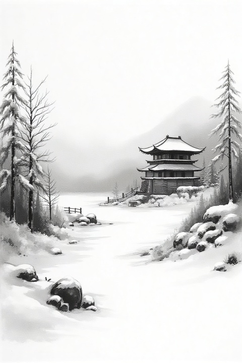 Winter landscape with snow-covered temple, monochrome ink painting, snow rendered in unpainted white paper against dark ink elements
