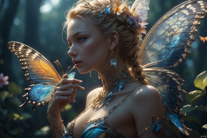 1girl,FantasticFace, jewelry, solo, earrings, blonde hair, wings, bug, realistic, blurry, butterfly, flower, long hair, hair ornament, fairy, holding, braid, blue eyes, upper body, lips, blurry background, profile, nose, depth of field, breasts, from side