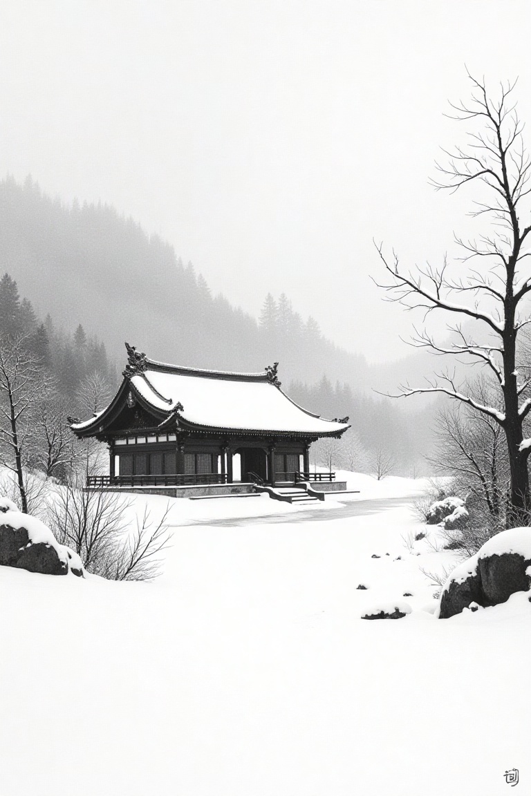 Winter landscape with snow-covered temple,  monochrome ink painting,  snow rendered in unpainted white paper against dark...