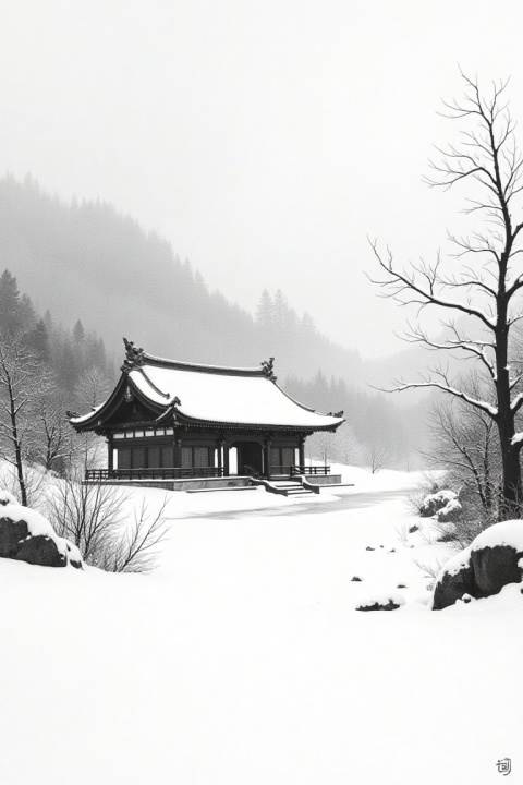 Winter landscape with snow-covered temple, monochrome ink painting, snow rendered in unpainted white paper against dark ink elements
