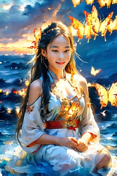 (((masterpiece))), ((best quality)), ((intricate detailed)),(\shen ming shao nv\),glowing butterfly,1girl, long hair, solo, blonde hair, sitting, white dress, cloud, sky, sunset, profile, outdoors, from side, lantern, ocean, blurry, water, smile, closed mouth,