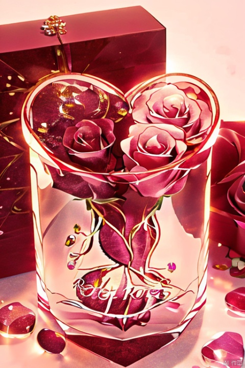heart,((crystal roses:1.331)) , english text\(LOVE\),glass vase,red rose, no humans, sparkle, box, gift, pink theme,Caihui,English txt\(520Love\)