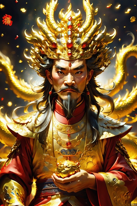 Eternal Dragon Emperor,  the jewel on his crown is dazzling and dazzling,  with delicate features,  wear red Hanfu,two bright and lively eyes,  and a golden radiance emanating from his entire body, The God of wealth holds gold Yuanbao in his hands,Gold coins all around