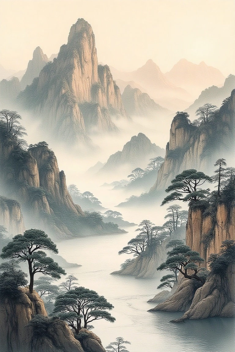 Vast mountain panorama with winding river,  Chinese shanshui masterwork,  panoramic scroll composition in layered ink wash...