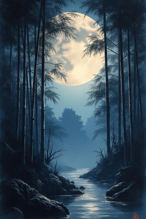 Moonlit night over bamboo grove, Chinese ink wash painting, silvery moonlight suggested through ink gradation
