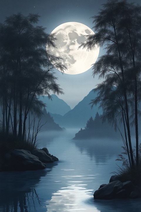 Moonlit night over bamboo grove, Chinese ink wash painting, silvery moonlight suggested through ink gradation
