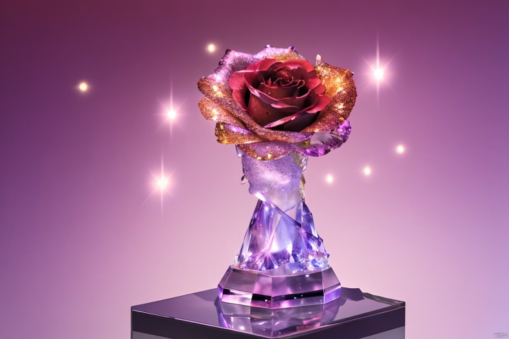 blurry, cnliuli, crystal,sparks,flower, flower,  gradient pink lovely style background, gradient, gradient background, no humans, rose, leaf, red flower, light particles, red rose, purple flower, food focus, purple rose, still life, red rose, crystal, still life, cosmetics,pink theme,