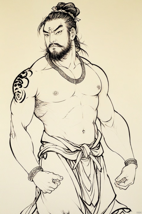 a man with a beard,A rogue tiger arhat, and no shirt posing for a picture,monochrome, solo, (linearts:1.331),(thick lines:1.1),clear lines,chest_hair, male_focus, muscular, handsome, pectorals, abs, facial_hair, nipples, muscular_male, large_pectorals, pubic_hair, body_hair, navel_hair, armpit_hair, bara, male_pubic_hair, leg_hair, thighs, 1boy, thick_thighs, stomach, solo, beard, navel, arm_hair, cock,magic_circle, armpits, stubble ,black ink painting,(linearts:1.331),thick lines,white background, Shinv, hanfu,line drawing