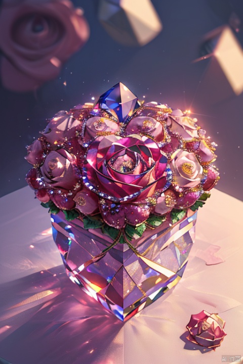 heart,((crystal roses:1.331)) , english text\(LOVE\),glass vase,red rose, no humans, sparkle, box, gift, pink theme,Caihui,diamond_(shape),rose ring, card\(520\),LOL