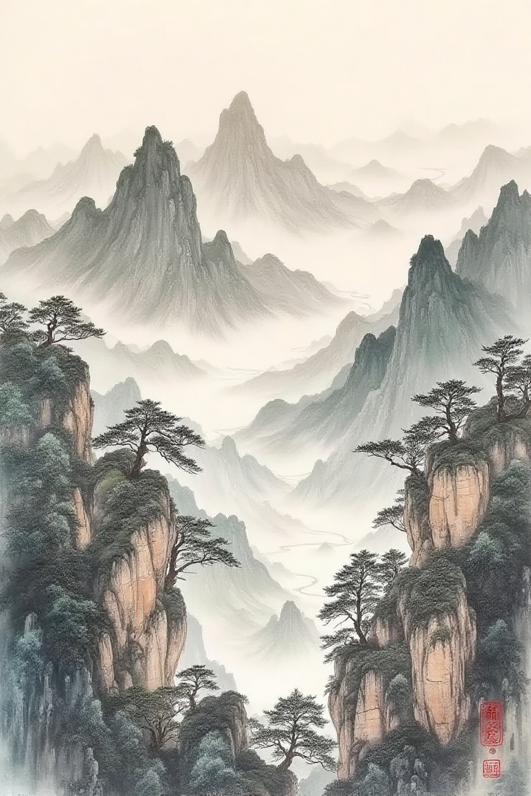 Vast mountain panorama with winding river,  Chinese shanshui masterwork,  panoramic scroll composition in layered ink wash...