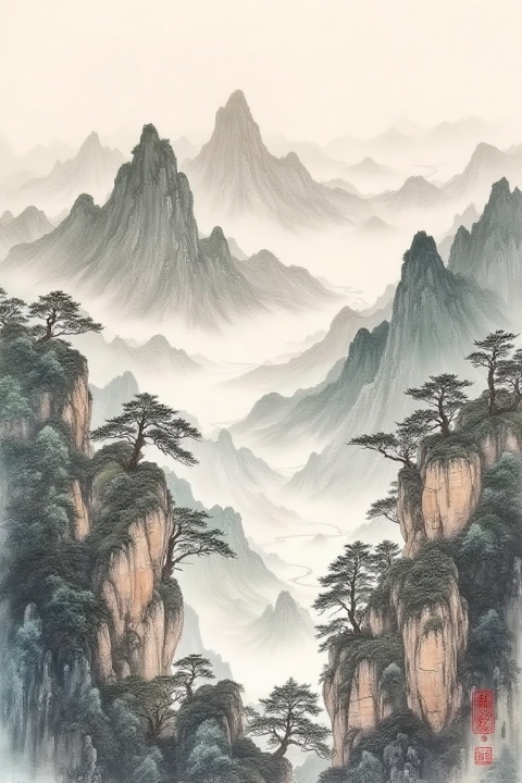 Vast mountain panorama with winding river, Chinese shanshui masterwork, panoramic scroll composition in layered ink wash tones
