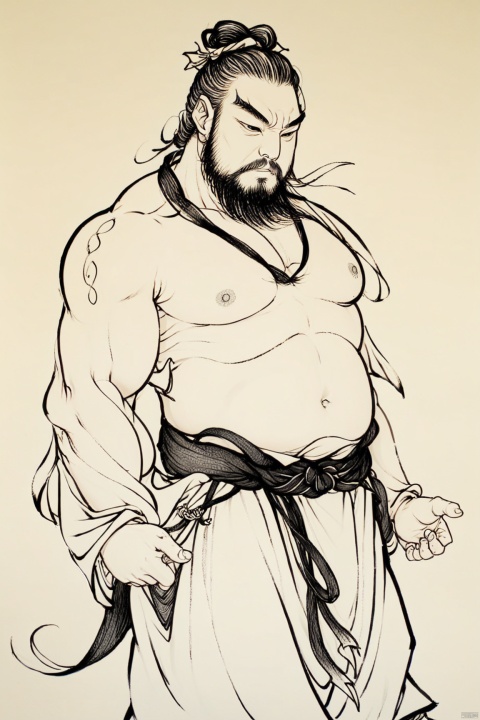 a man with a beard,Fall the dragon Arhats, and no shirt posing for a picture,monochrome, solo, (linearts:1.331),(thick lines:1.1),clear lines,chest_hair, male_focus, muscular, handsome, pectorals, abs, facial_hair, nipples, muscular_male, large_pectorals, pubic_hair, body_hair, navel_hair, armpit_hair, bara, male_pubic_hair, leg_hair, thighs, 1boy, thick_thighs, stomach, solo, beard, navel, arm_hair, cock,magic_circle, armpits, stubble ,black ink painting,(linearts:1.331),thick lines,white background, Shinv, hanfu,line drawing