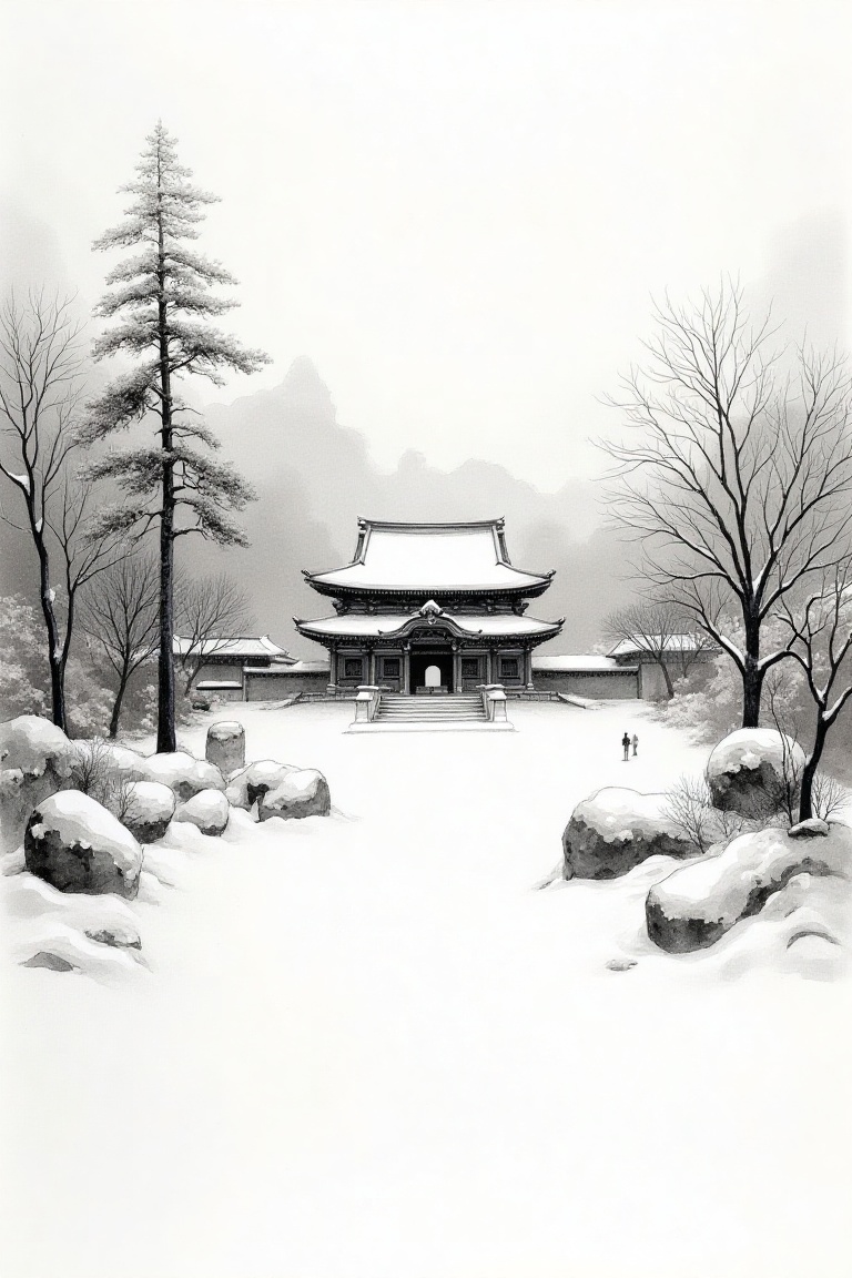 Winter landscape with snow-covered temple,  monochrome ink painting,  snow rendered in unpainted white paper against dark...