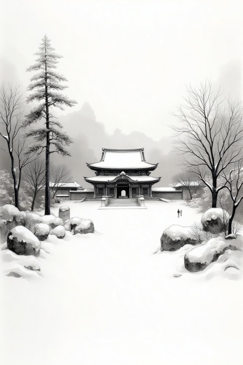 Winter landscape with snow-covered temple, monochrome ink painting, snow rendered in unpainted white paper against dark ink elements
