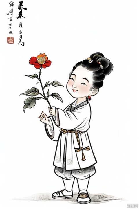 Chinese kid's  book,a happy young giel holding a flower,cartoon,thicj lines,black and white,chinese ink painting,white back ground,