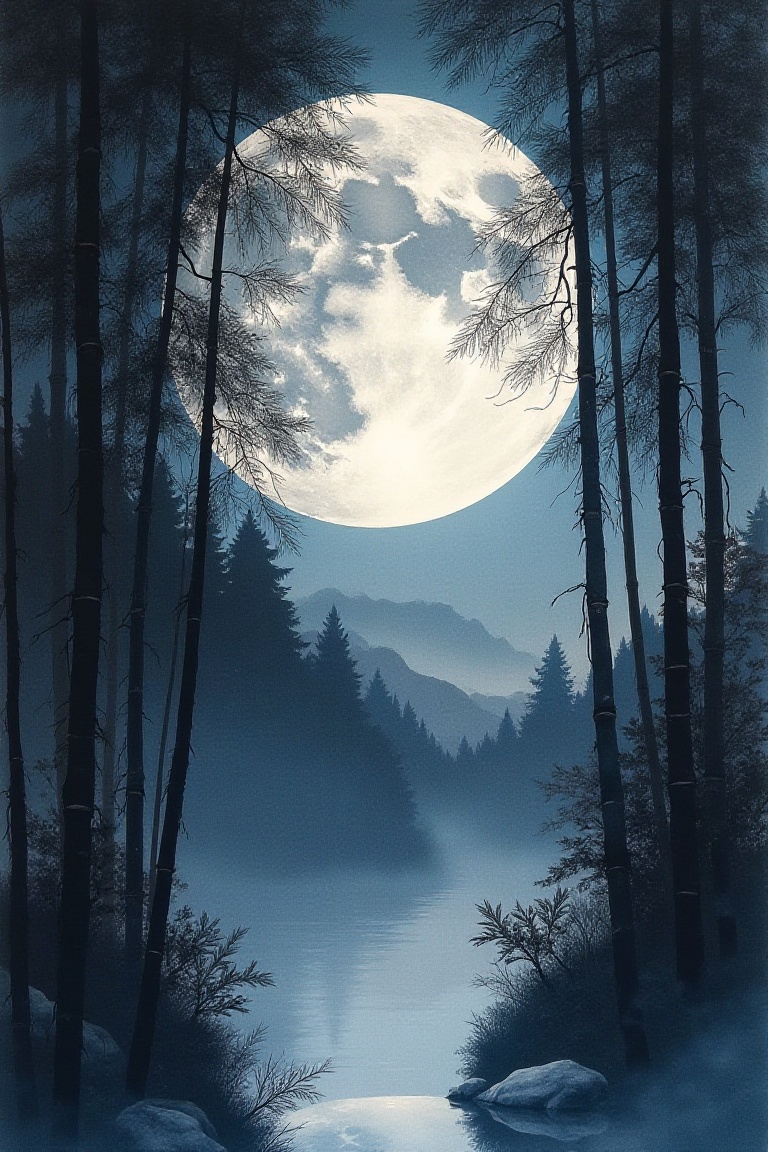 Moonlit night over bamboo grove,  Chinese ink wash painting,  silvery moonlight suggested through ink gradation by FreeCol...