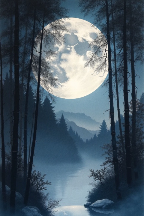 Moonlit night over bamboo grove, Chinese ink wash painting, silvery moonlight suggested through ink gradation
