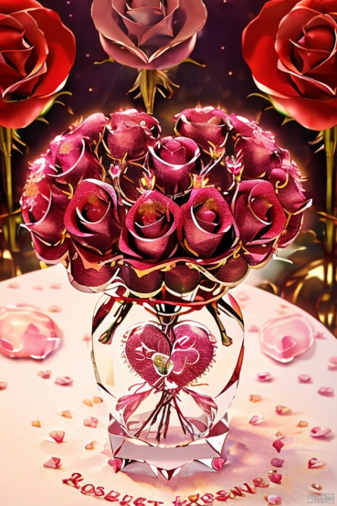 heart,((crystal roses:1.331)) , english text\(LOVE\),glass vase,red rose, no humans, sparkle, box, gift, pink theme,Caihui,3Numbers on card\(520\)