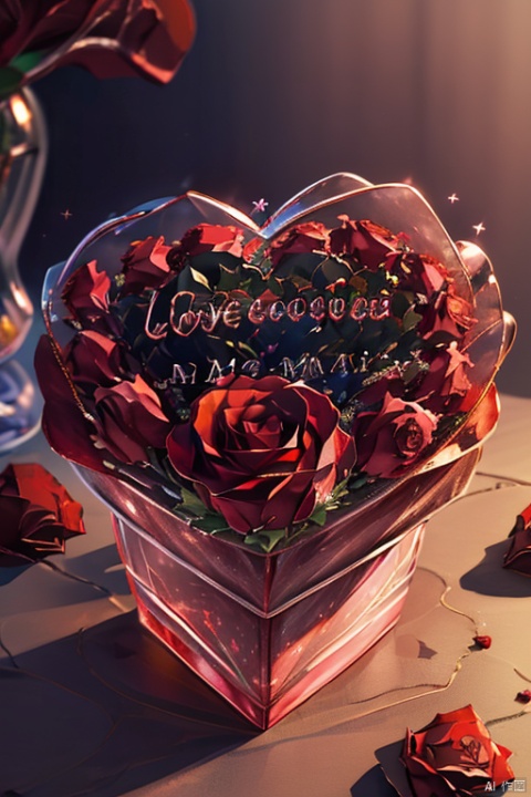 heart,((red roses:1.331)) , english text\(LOVE\),glass vase,red glass heart, no humans, sparkle, box, gift, pink theme,Caihui,diamond_(shape),rose ring, card\(520\),LOL