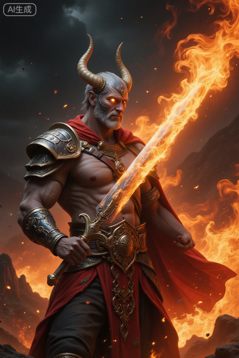 he is rraising his metallic glwoing hot huge sword.
he has glowing eyes and looks at his fire sword.