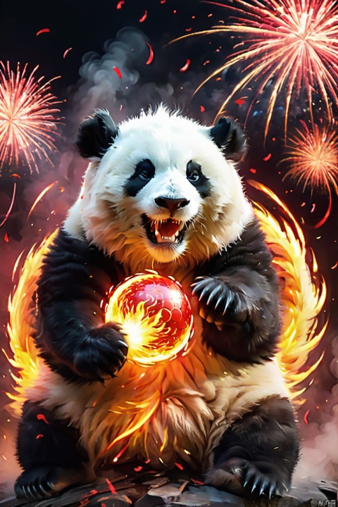 Oriental Dragon,Mystic Dragon,Fire Element,Firewing,Majestic gaze,Fire dragon king,a big panda is playing a fire ball,happy style,red fireworks, long
