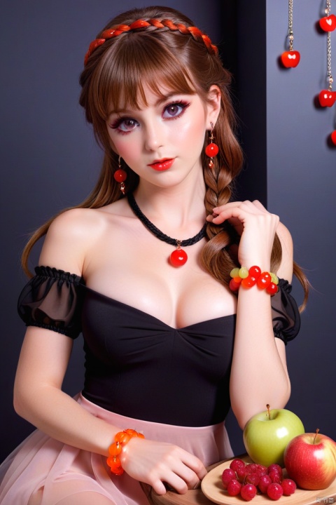 1girl, solo, long_hair, breasts, looking_at_viewer, blush, bangs, brown_hair, hair_ornament, red_eyes, dress, hair_between_eyes, jewelry, medium_breasts, closed_mouth, braid, short_sleeves, earrings, lying, parted_lips, food, hand_up, on_back, nail_polish, black_dress, bracelet, see-through, fruit, apple, see-through_sleeves, grapes, orange_\(fruit\), red_apple, XL_light