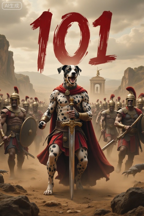 A cinematic war poster inspired by the movie “371.” An anthropomorphic Dalmatian warrior stands in the foreground in a heroic Spartan pose, snarling with mouth open. The dog has realistic black-and-white spots across its face, torso, arms, and thighs, a muscular build, a flowing red cape, and a leather battle belt. It grips a bronze sword with a realistic dog paw. Behind it, a massive army of anthropomorphic Dalmatian soldiers in ancient Greek helmets and armor fills a dusty battlefield. Above the scene, bold red brushstroke text reads “101.” Gritty sepia tones, dramatic lighting, high contrast, epic cinematic style.