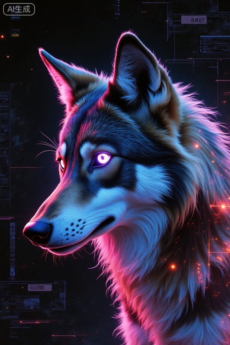 in the style of cksc, 90s_melancholy, retro, Digital drawing portrait of a wolf illustrated in hyper-detailed neon cyberpunk style, close-up framing, with a bold twist: the wolf is composed entirely of holographic light projections. Its form flickers and refracts, with layered neon outlines in magenta, cyan, and electric blue creating a translucent, glitching silhouette with chromatic aberration. Facial features are sharp but fragmented, as if rendered by a malfunctioning AI display. Fur is replaced with animated light textures. The eyes glow intensely, projecting thin beams of light forward, suggesting awareness and surveillance. Lighting is high-contrast and synthetic, with strong glow effects, bloom, and chromatic aberration. Background is a dark futuristic void with floating grids, broken pixels, and digital noise. The mood is intense, otherworldly, and slightly unsettling, blending animal instinct with digital consciousness. Style leans toward futuristic concept art and synthwave aesthetics, ultra-sharp details, high saturation, cinematic cyberpunk illustration.